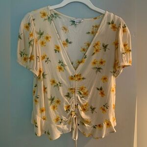 American Eagle Outfitters Yellow Green Puff Sleeve Floral Blouse M